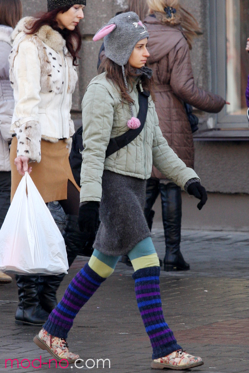 Minsk street fashion. 11/2012 (looks: grey hat, black gloves, striped multicolored wool leg warmers)