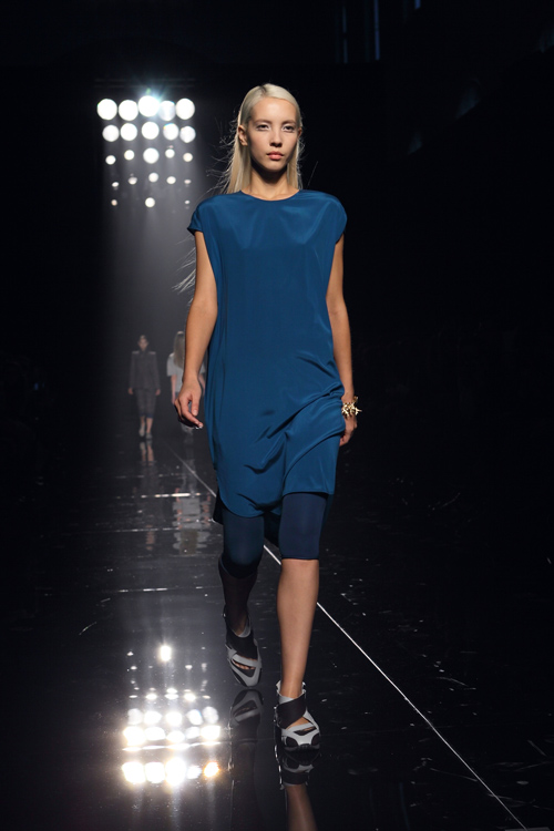 Ianis Chamalidy show — Aurora Fashion Week Russia SS14 (looks: blue tunic, blond hair)