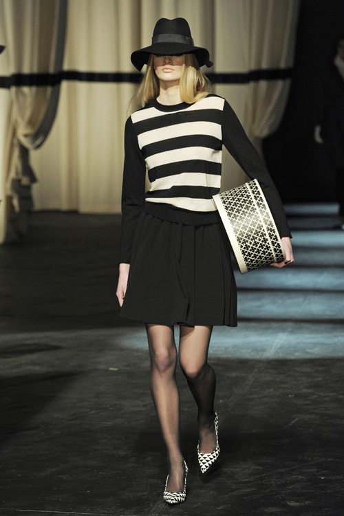 By Malene Birger show — Copenhagen Fashion Week AW13/14 (looks: black hat, striped black and white jumper, black mini skirt, black and white pumps, black sheer tights)