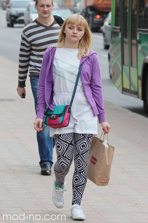 Minsk street fashion. 04/2013. Part 2 (looks: white jumpsuit, white sneakers, lilac sport jacket, black and white leggins)