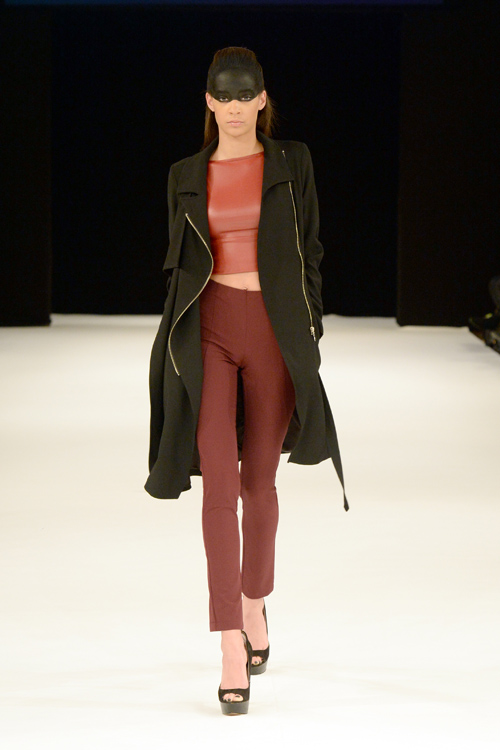 Katri/n show — Copenhagen Fashion Week AW14/15 (looks: black coat, burgundy trousers, burgundy crop top, black pumps)