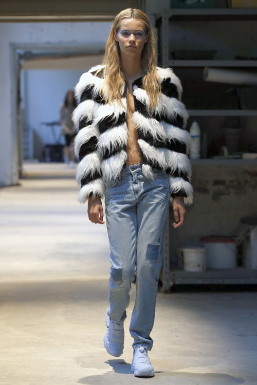 Mads Norgaard show — Copenhagen Fashion Week SS15 (looks: striped black and white fur coat, sky blue jeans, white sneakers)