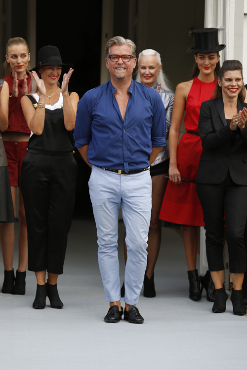 MI-NO-RO show — Copenhagen Fashion Week SS15 (looks: black dress boot, blue shirt, sky blue trousers)