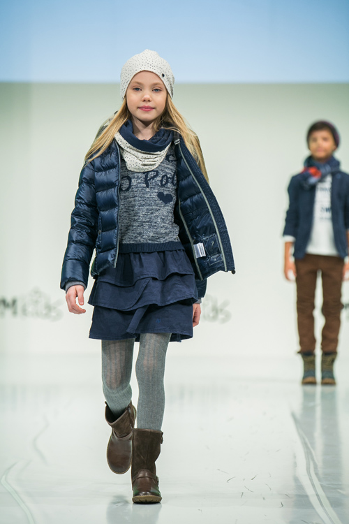 Marc O"Polo. CPM Kids show — CPM FW14/15 (looks: knitted grey tights, blue skirt, blue quilted jacket, brown boots)