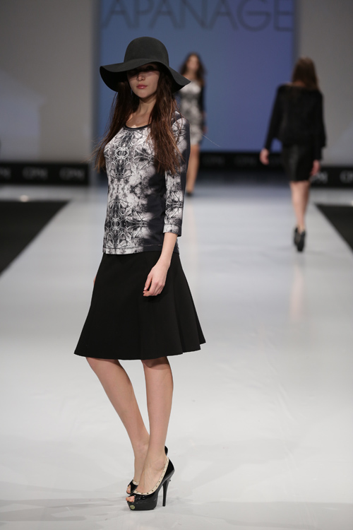 Apanage. Trends show — CPM FW14/15 (looks: black hat, black pumps, black skirt, printed jumper)