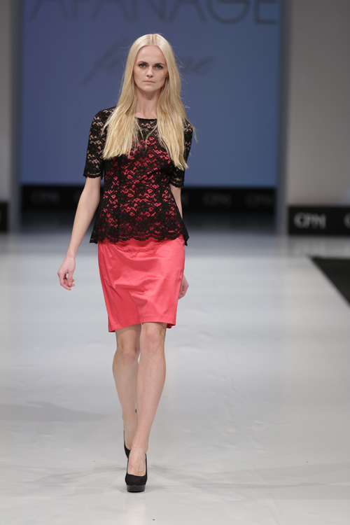 Trends show — CPM FW14/15 (looks: black lace top, black pumps, fuchsia dress, blond hair)