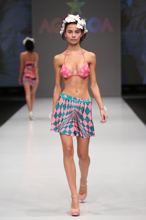 Agogoa show — CPM SS2015 (looks: , fuchsia swimsuit, mini skirt with diamond pattern, pink sandals)