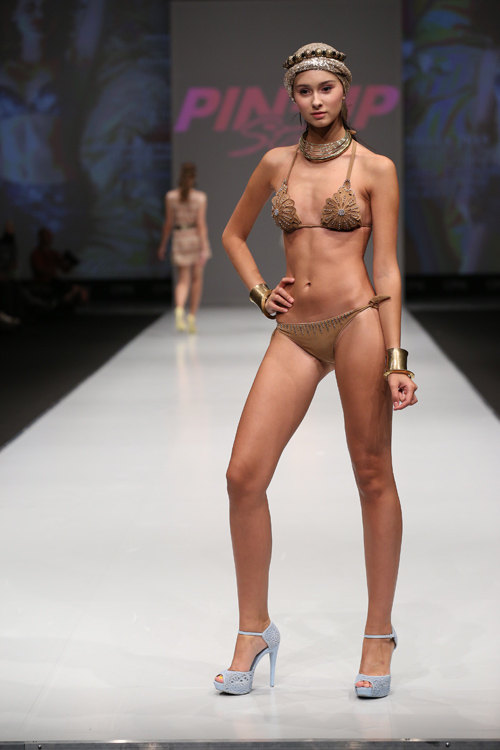 Pin-Up Stars show — CPM SS2015 (looks: brown swimsuit, sky blue pumps)
