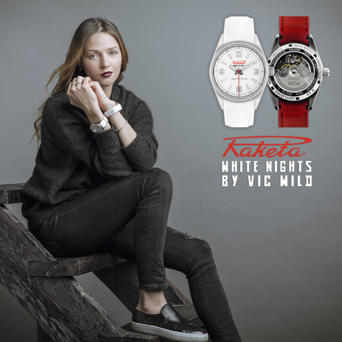 Alena Zavarzina. White Nights. Raketa watch campaign (looks: grey jumper, grey ripped jeans)