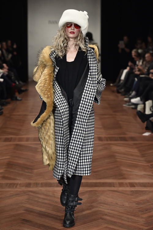 Ivan Grundahl show — Copenhagen Fashion Week AW15/16 (looks: checkered black and white coat, black tights, black boots)