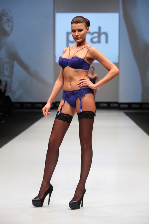 Parah lingerie show — CPM FW15/16 (looks: black stockings with lace top, black pumps, blue bra, blue briefs)