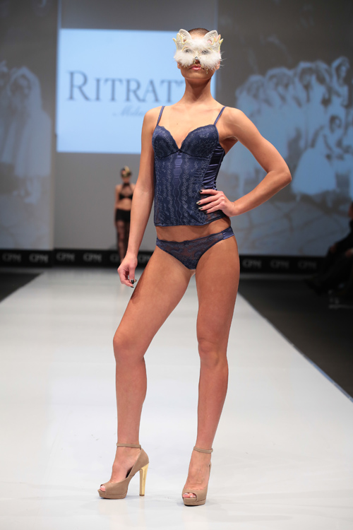 Ritratti Milano lingerie show — CPM FW15/16 (looks: beige sandals, blue bustier, blue guipure briefs)