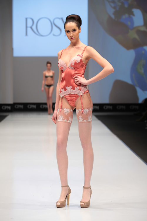 Rosy lingerie show — CPM FW15/16 (looks: coral pants, white transparent stockings with wide lace top)