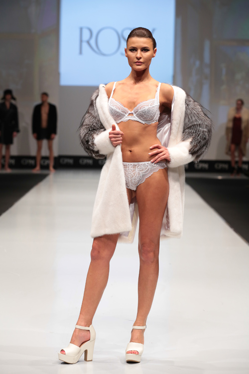 Rosy lingerie show — CPM FW15/16 (looks: white lace bra, white lace briefs, white fur coat, white sandals)