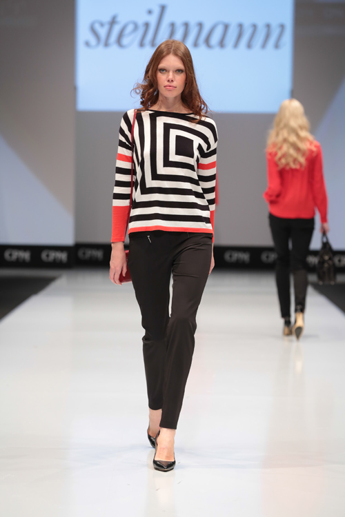 Steilmann, UNQ show — CPM FW15/16 (looks: striped jumper, black trousers, black pumps)