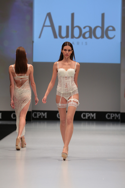 Aubade show — CPM SS16 (looks: white guipure briefs, nude transparent stockings with lace top, white guipure corset)