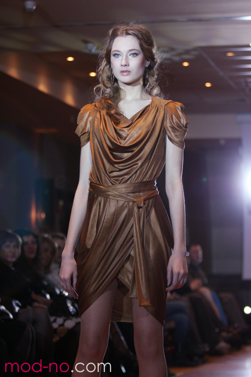Katya Panko (looks: bronzecocktail dress, nude sheer tights)